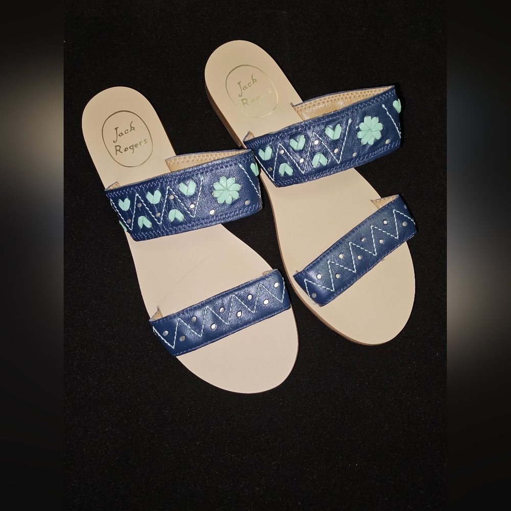 EUC Jack Rogers Adair Blue Green Leather Embroidered Sandals. Woman’s Size 7.5 M